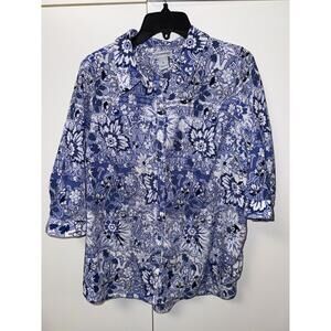 Catherines Size 0X (14/16 ) Floral Blue White Button Down Shirt Cotton Coastal